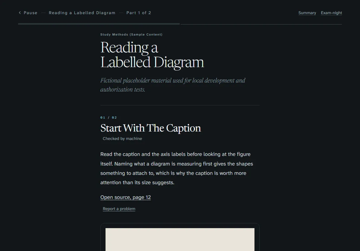 The Meds.krd reader with a sample lecture, split into short parts, each with a link to its source page.